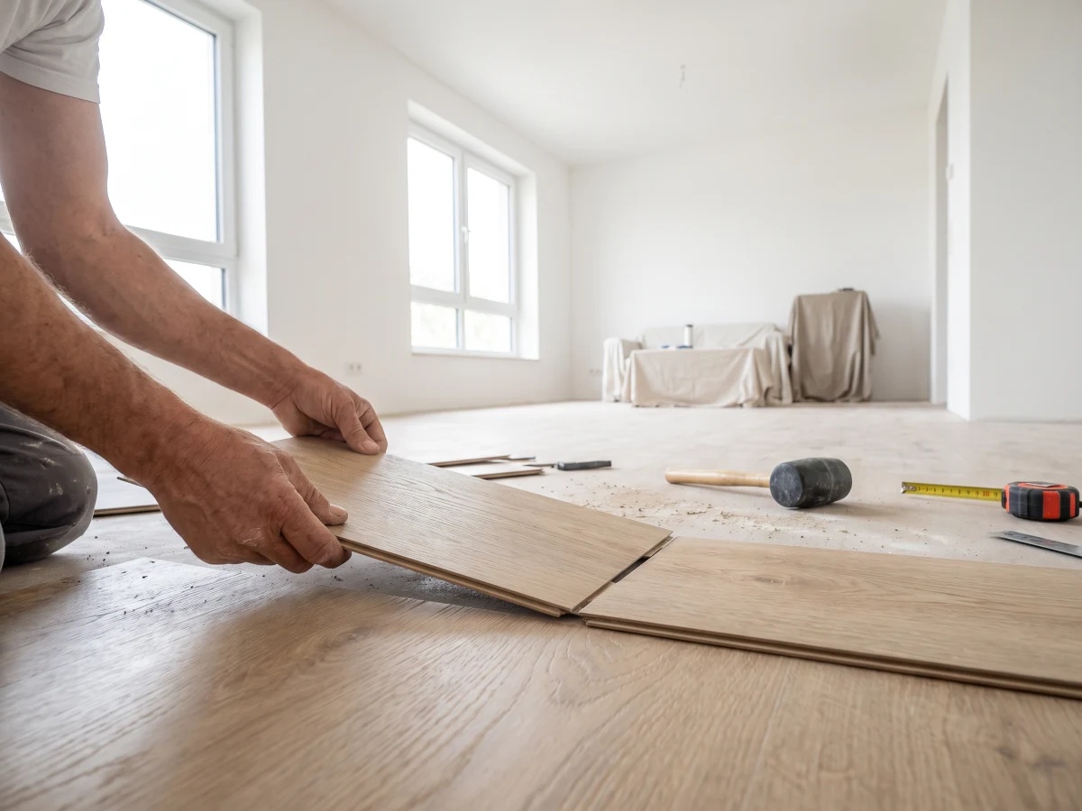 Handwerker verlegt Vinylboden im Klicksystem, Bodenleger Hamburg