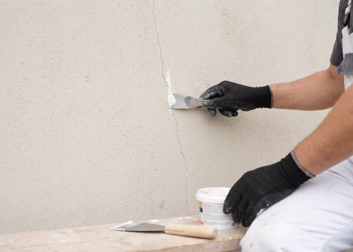 Riss in der Fassade wird ausgebessert, Fassadenanstrich Hamburg