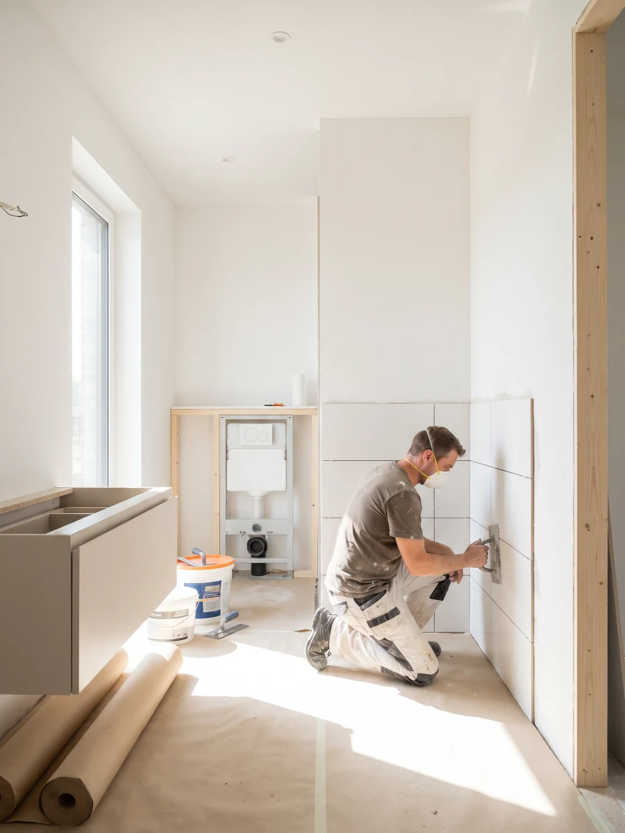Badezimmer wird im Zuge der Sanierung gefliest, Sanierung Hamburg
