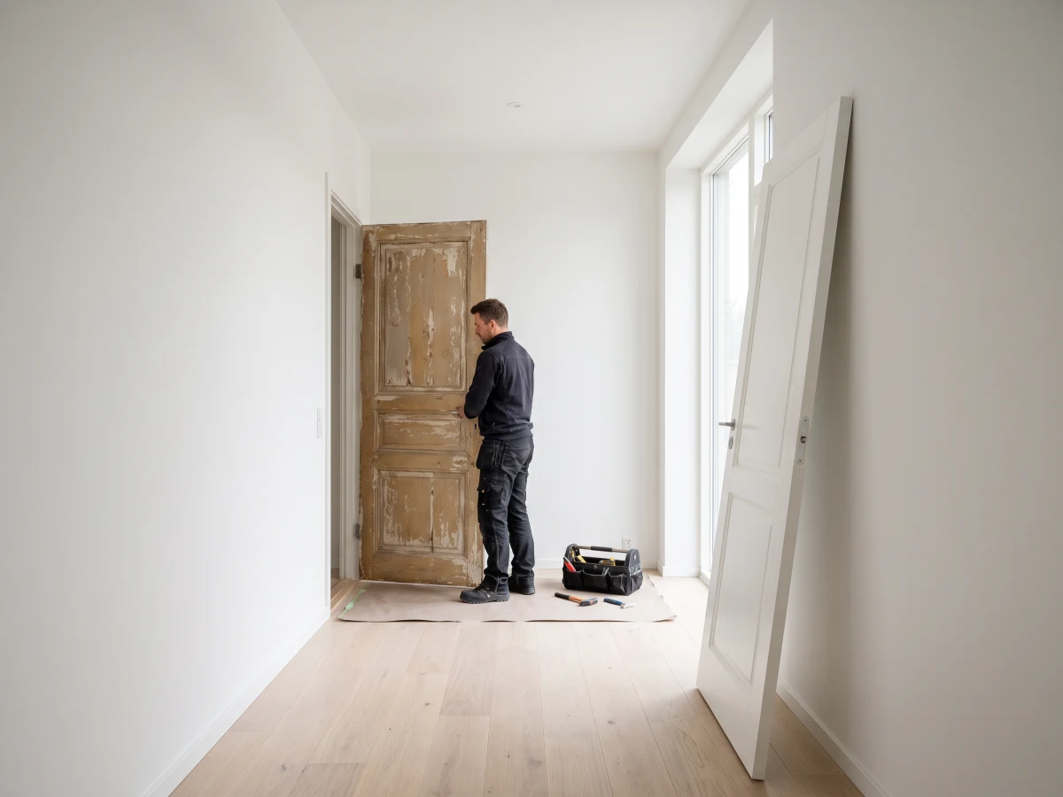 Alte Holztür wird gegen neue weiße Tür getauscht, Türen und Zargen Hamburg