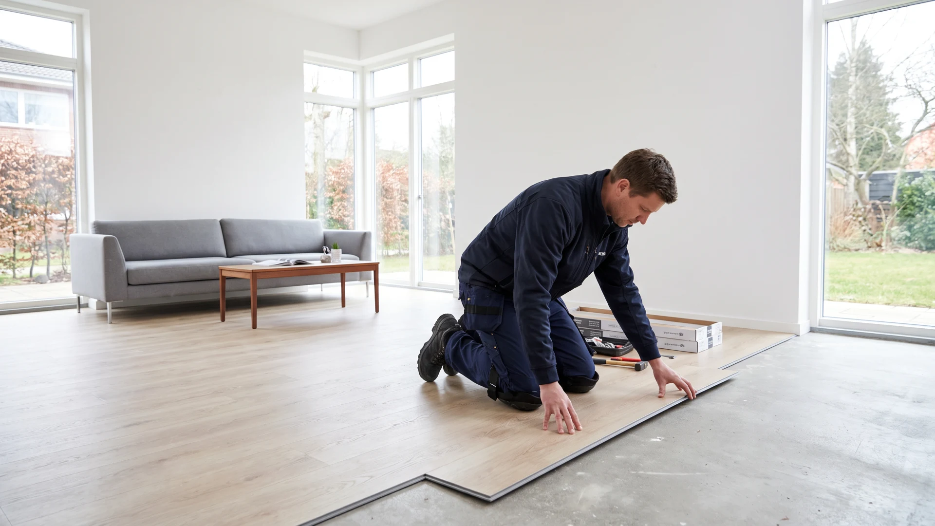 Bodenleger Hamburg – Handwerker verlegt Vinylboden in moderner Wohnung