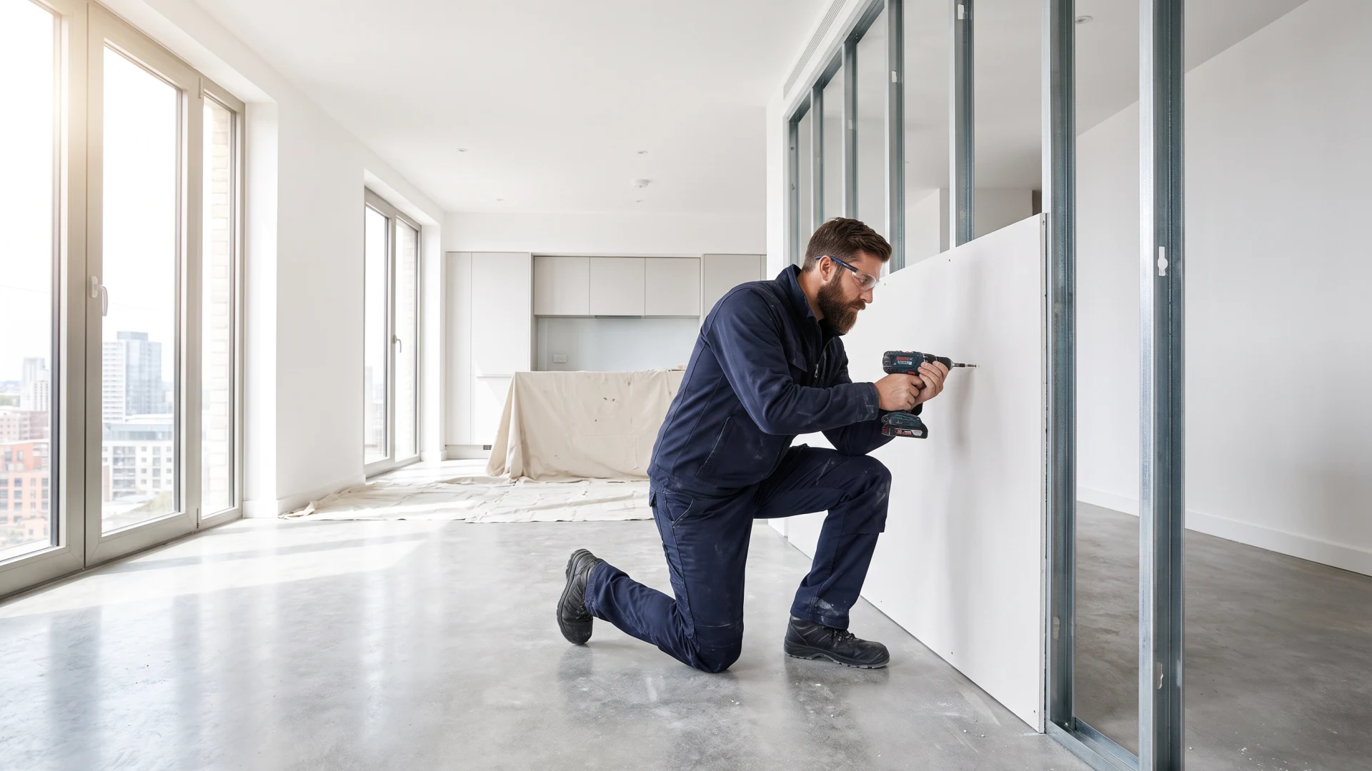 Trockenbau Hamburg – Handwerker montiert Ständerwand in moderner Wohnung